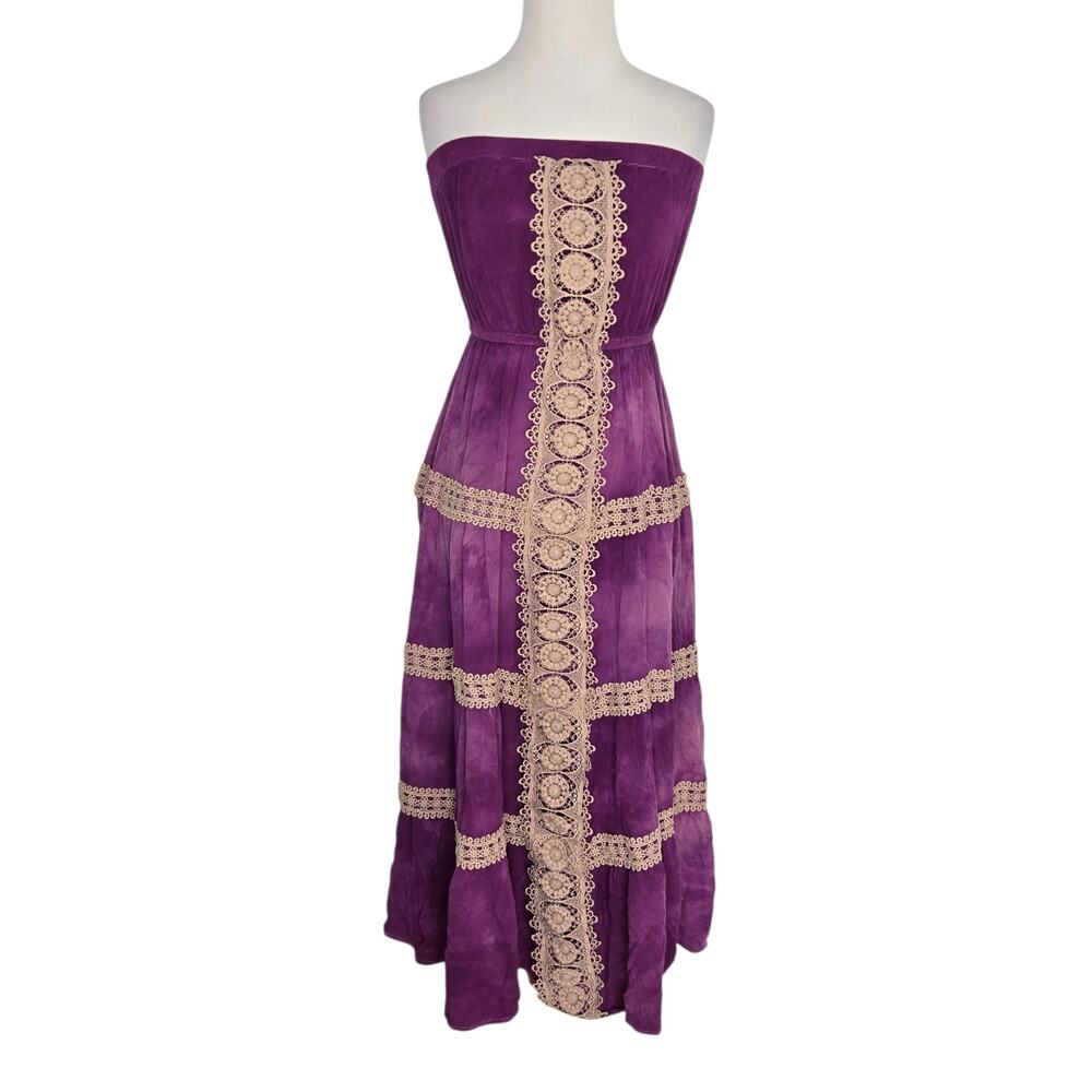 Charlotte Russe Boho Strapless Maxi Dress Crochet Lace Trim Beachy Womens Small